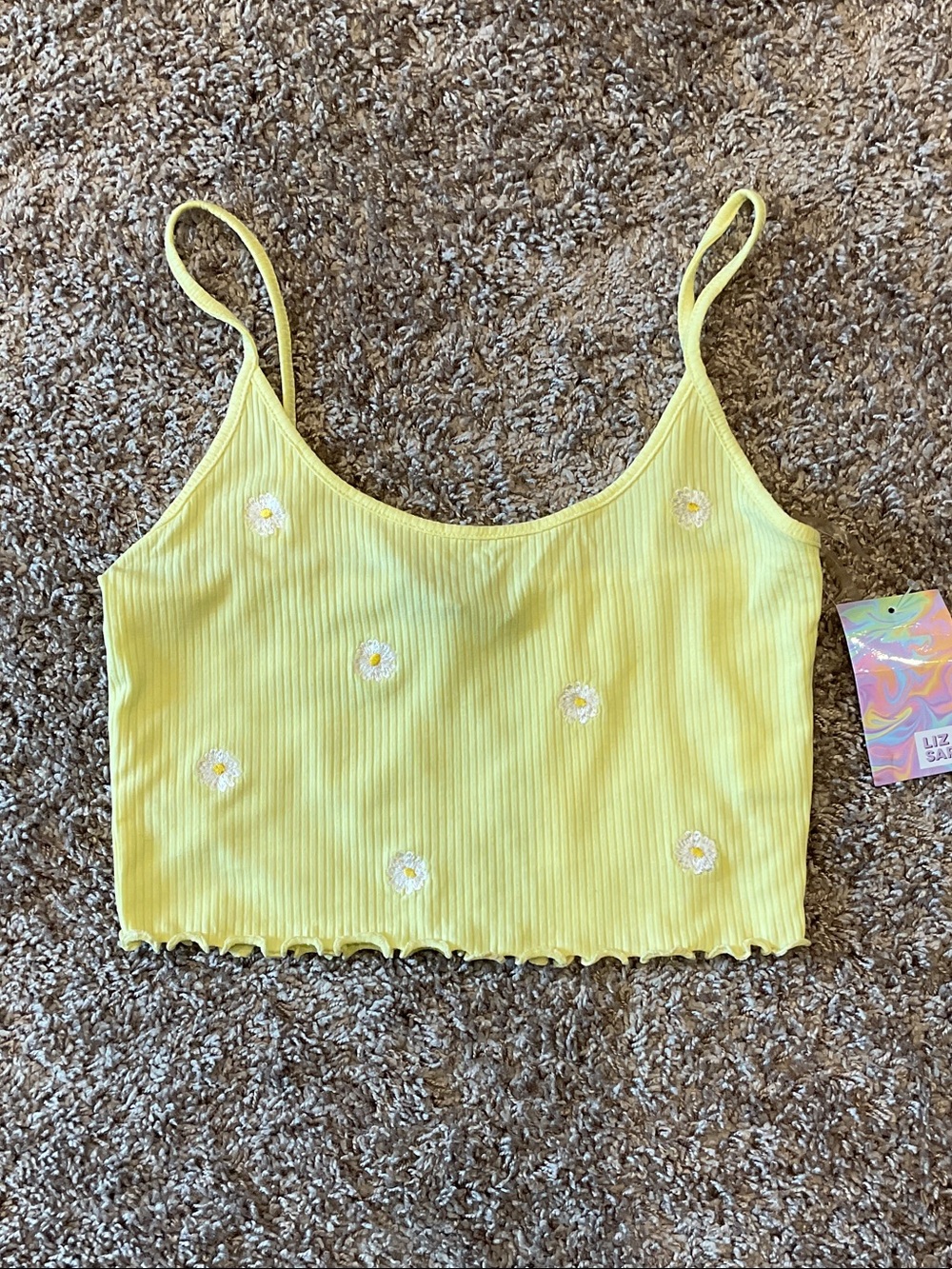Liz & Sara Yellow Ribbed Daisy-Embroidered Cami with Lettuce Hem, NWT